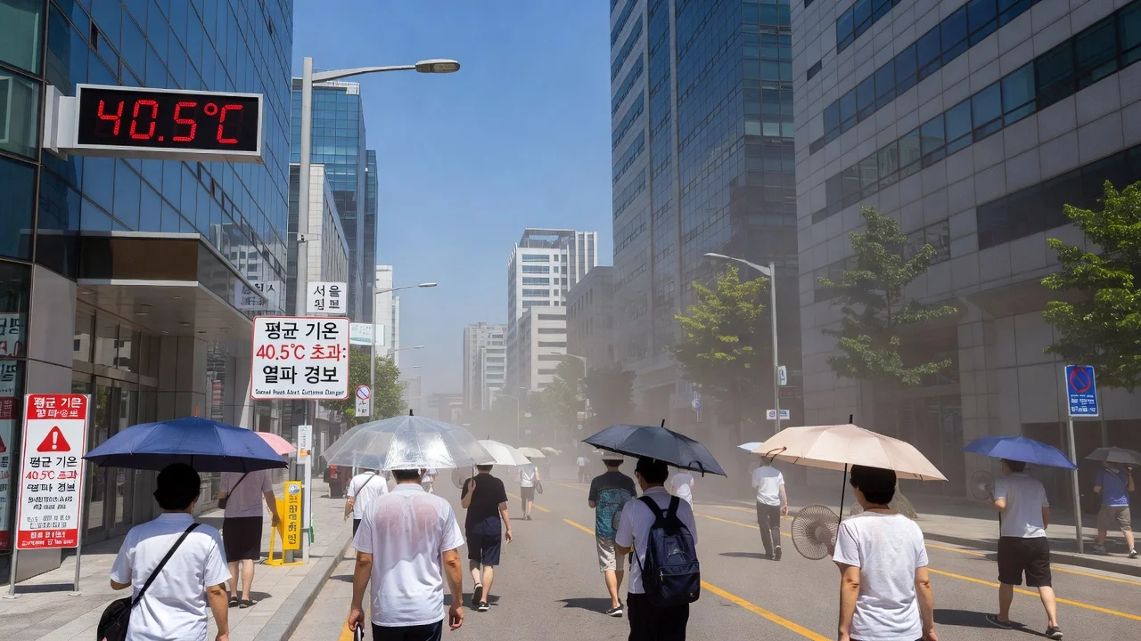 People enduring extreme heat on a South Korean street during a record-breaking heatwave with visible thermometers and warning signs.