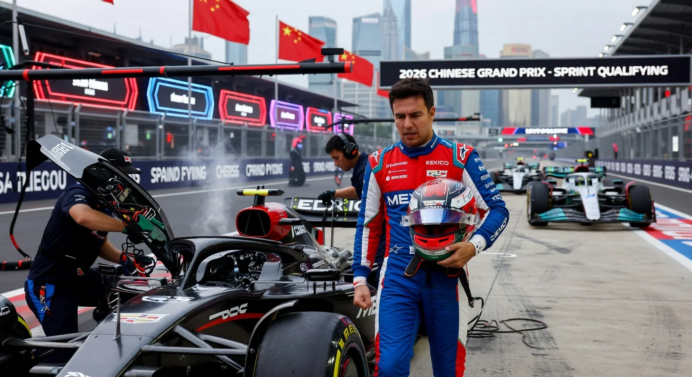 Sergio Pérez disappointed by fuel failure on his Cadillac F1 car at 2026 Chinese GP sprint qualifying, Mercedes duo dominates.