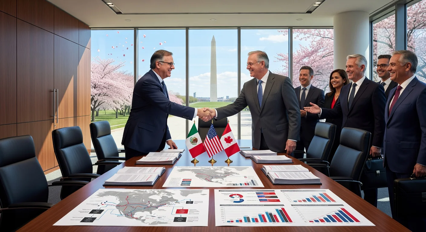 Mexico and US officials Marcelo Ebrard and Jamieson Greer shaking hands at T-MEC review talks in Washington, with optimistic private sector observers and trade documents.