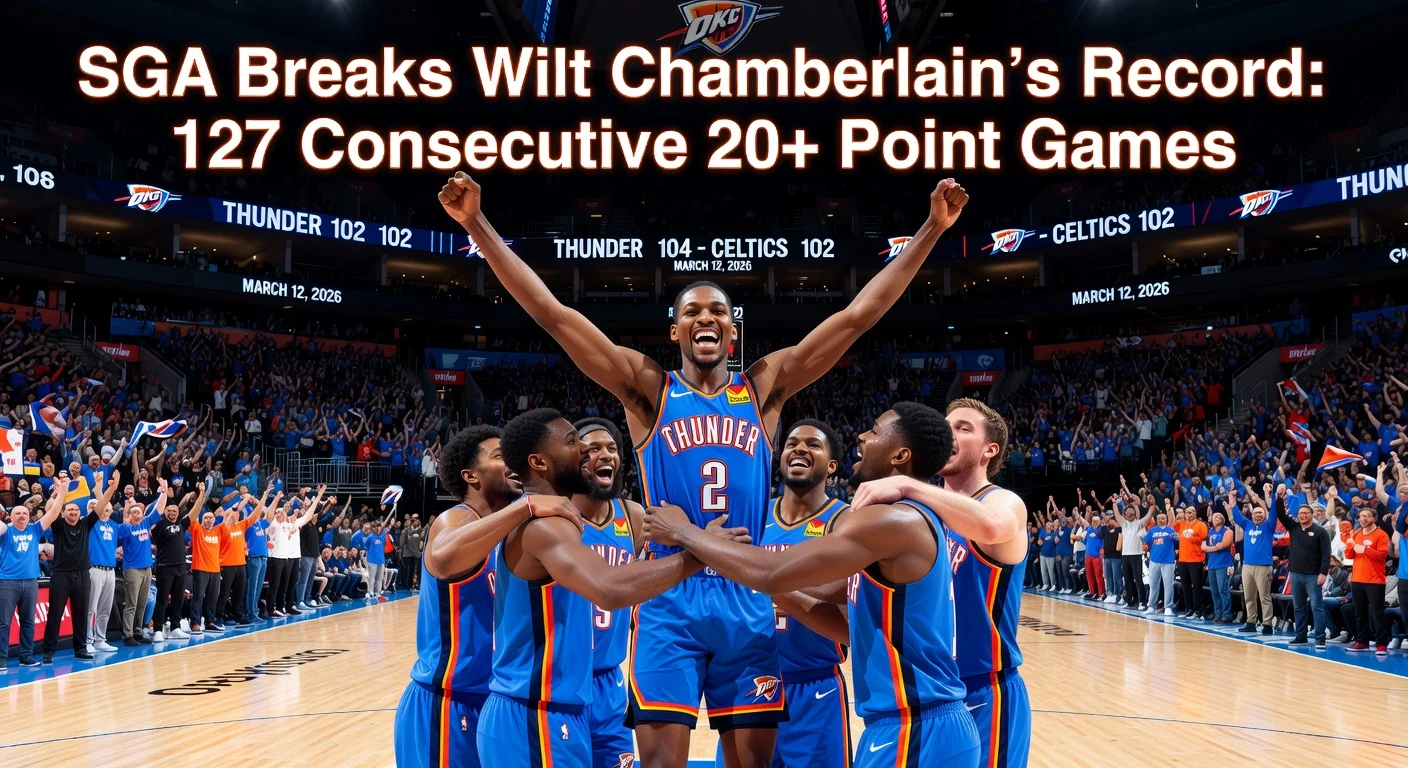 Shai Gilgeous-Alexander celebrates breaking Wilt Chamberlain's NBA record for consecutive 20-point games after Thunder's win over Celtics.