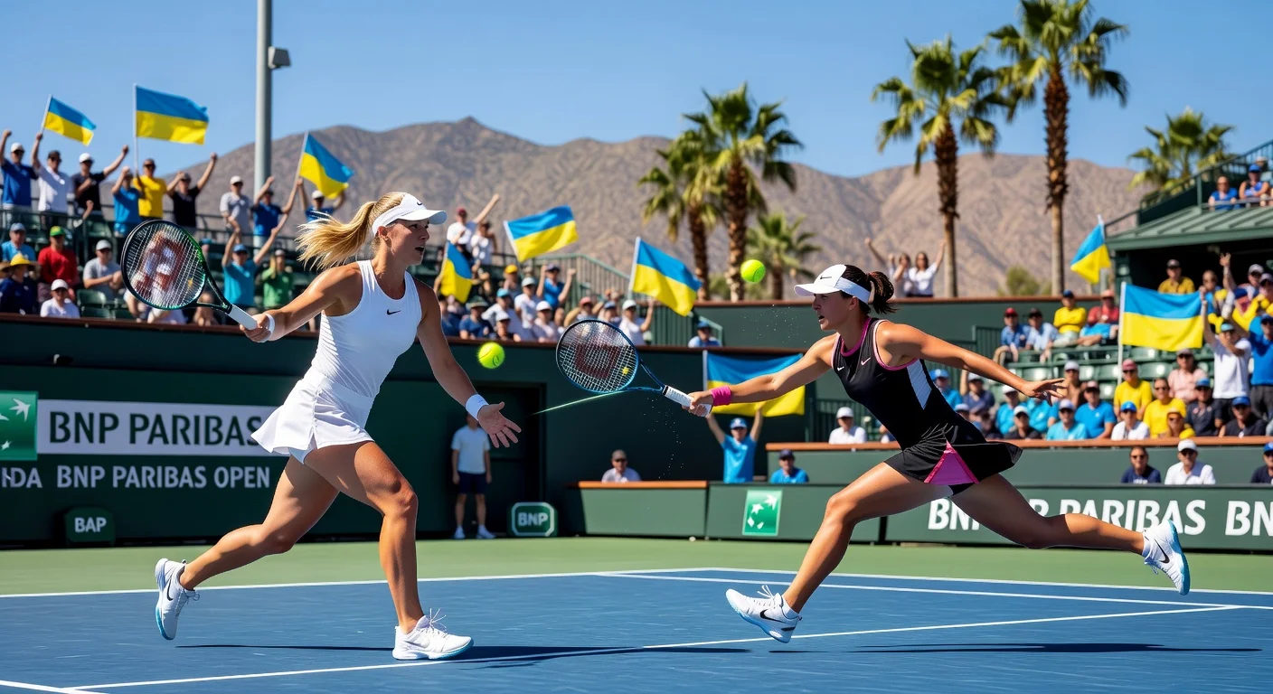 Elina Svitolina hits winning forehand to defeat Iga Swiatek in Indian Wells quarterfinals, stadium crowd cheers.