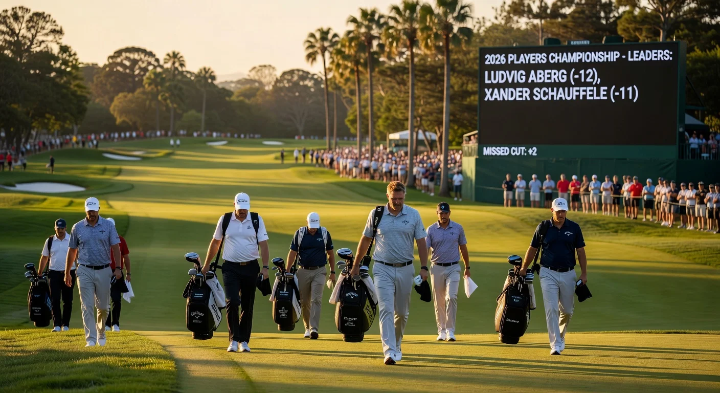 Dejected golfers like Tom Hoge walk off the course at TPC Sawgrass after missing the cut at the 2026 Players Championship, with leaderboard highlighting leaders Aberg and Schauffele.