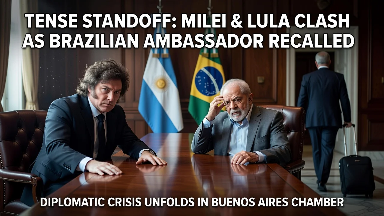 Tense diplomatic standoff between Milei and Lula depicting the ambassador recall crisis.