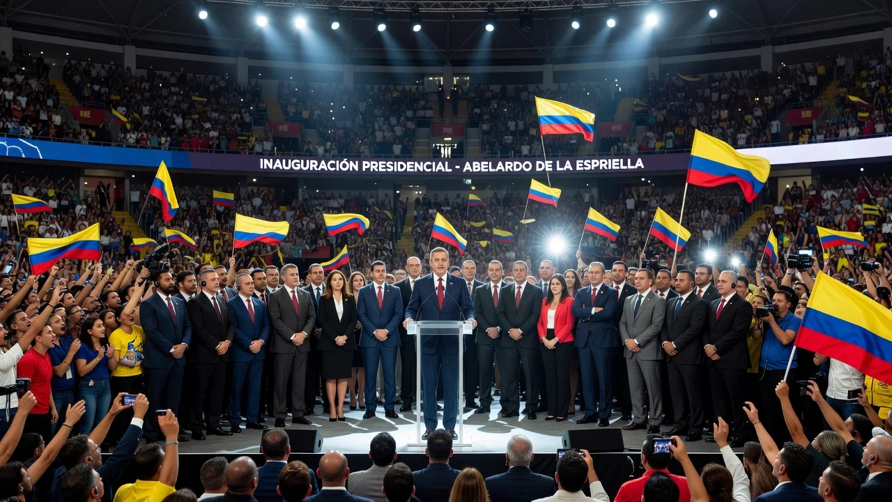 Inauguration of Abelardo de la Espriella at Arena USC in Cali with crowd and flags