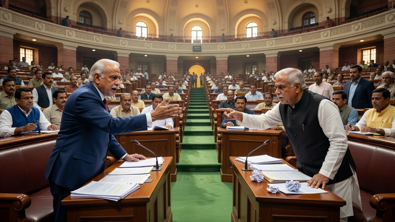 Illustration of Indian parliament debating exam fairness bill