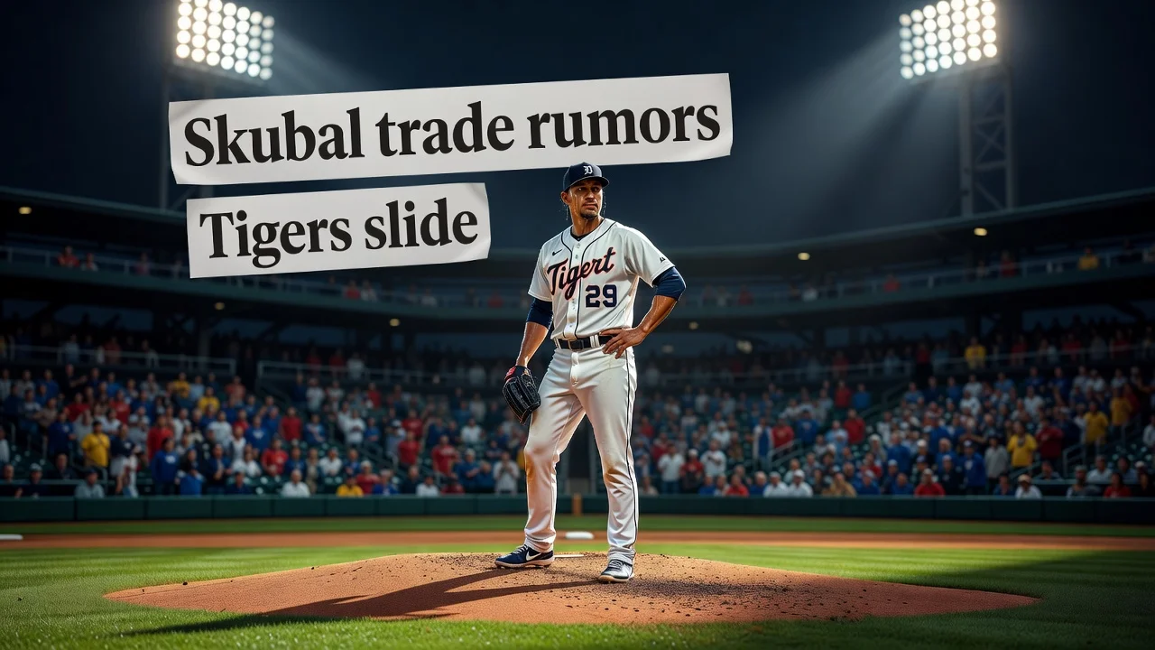 Illustration of Tarik Skubal amid trade rumors as Detroit Tigers struggle