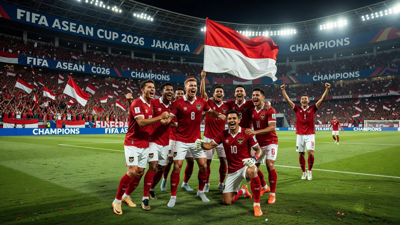 Indonesian national football team celebrating at Gelora Bung Karno Stadium during the FIFA ASEAN Cup 2026