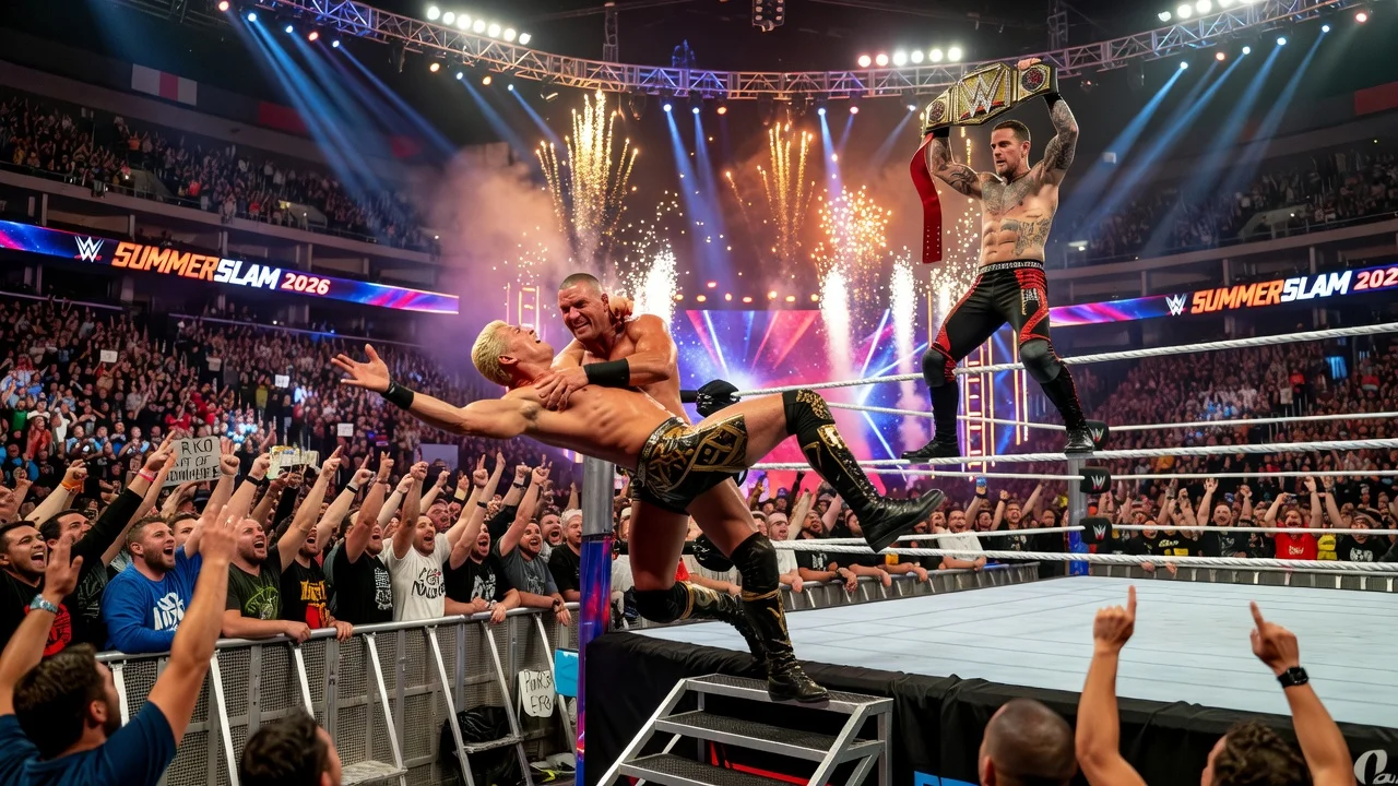 Randy Orton delivering an RKO to Cody Rhodes at SummerSlam, helping CM Punk win the championship.