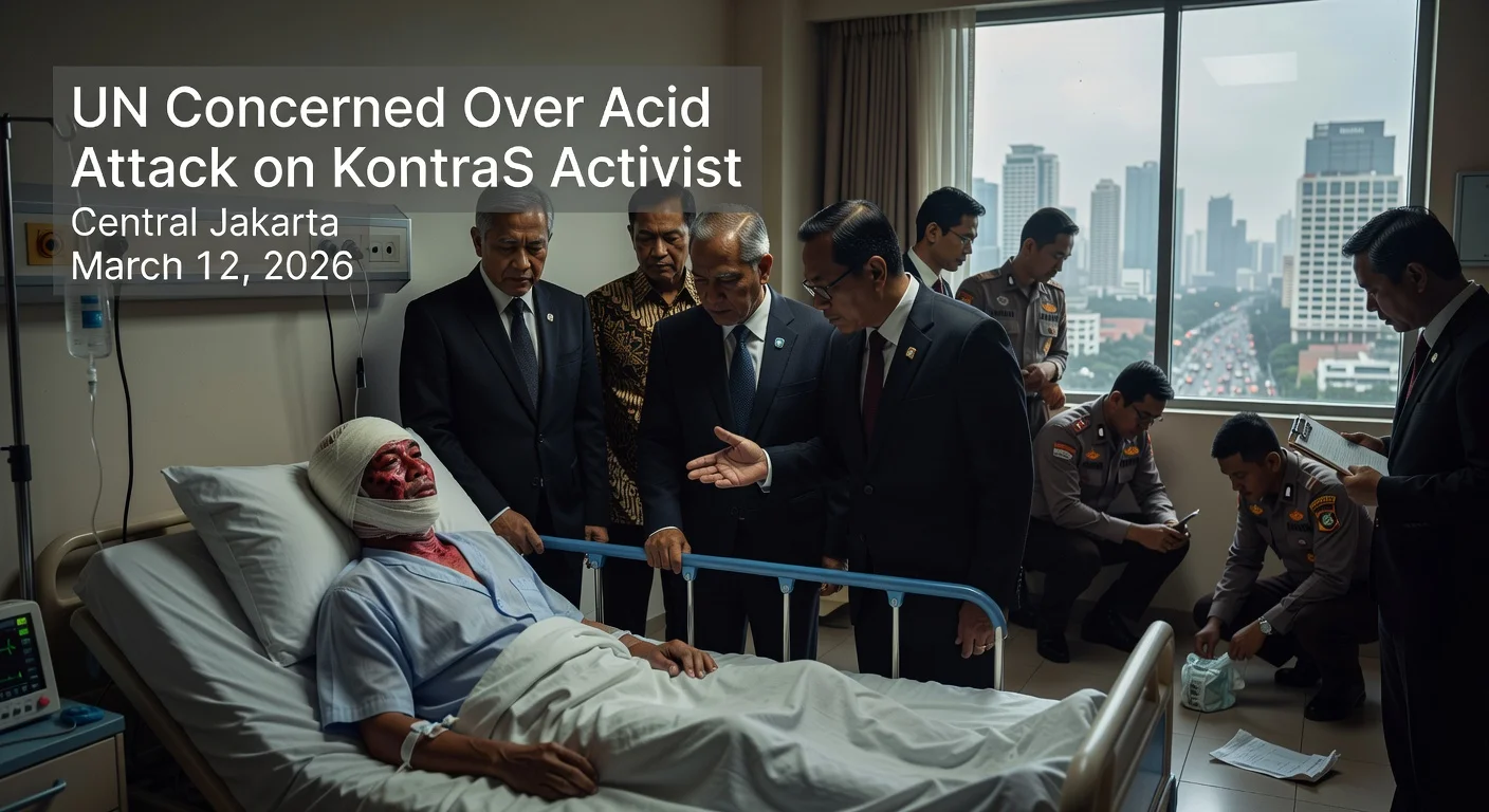 Hospital scene of acid attack victim Andrie Yunus bandaged and surrounded by UN officials and Indonesian ministers, illustrating global concern over violence against human rights defenders.