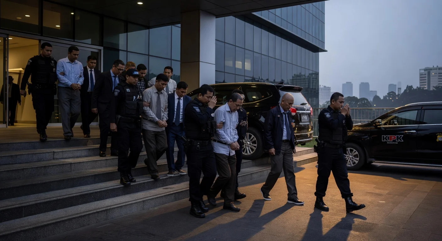 KPK officers escort 13 suspects, including Cilacap Regent, to Jakarta headquarters after bribery raid.