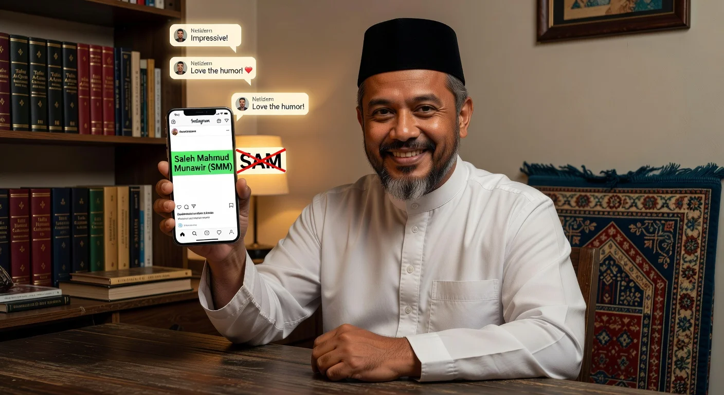 Ustaz Solmed smiling confidently while clarifying via Instagram that his initials are SMM, not SAM, in a sexual harassment case denial.