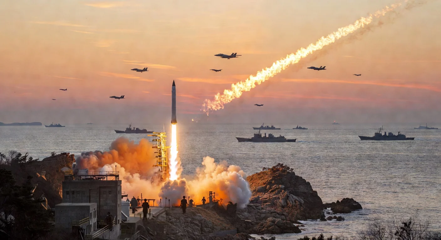 North Korea fires missile eastward during South Korea-US joint military drills, dramatic dawn launch with jets and ships visible.