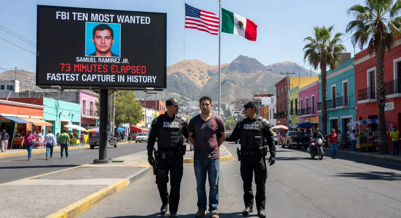 Illustration depicting the rapid arrest of FBI Ten Most Wanted fugitive Samuel Ramirez Jr. in Culiacán, Mexico, 73 minutes after his listing, highlighting U.S.-Mexico law enforcement cooperation.