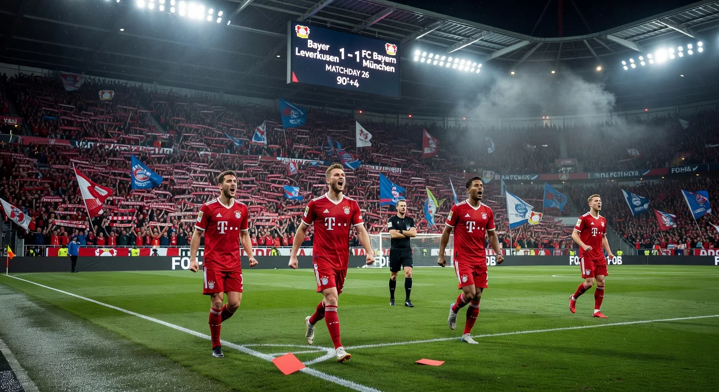 Dramatic stadium scene of Bayern Munich's resilient 1-1 draw against Bayer Leverkusen in Bundesliga, down to nine men.