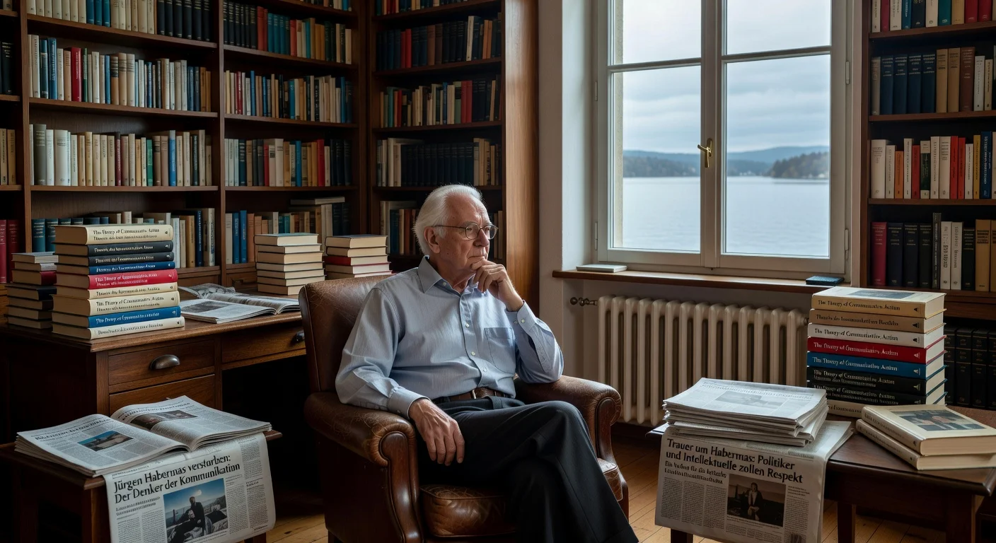 Realistic illustration of philosopher Jürgen Habermas in his Starnberg study, symbolizing his legacy in democratic theory upon his passing at 96.