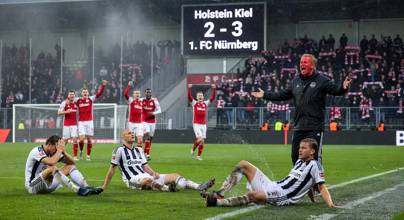 Dejected Holstein Kiel players after 2-3 home loss to 1. FC Nürnberg in Bundesliga 2, with coach criticizing and opponents celebrating.