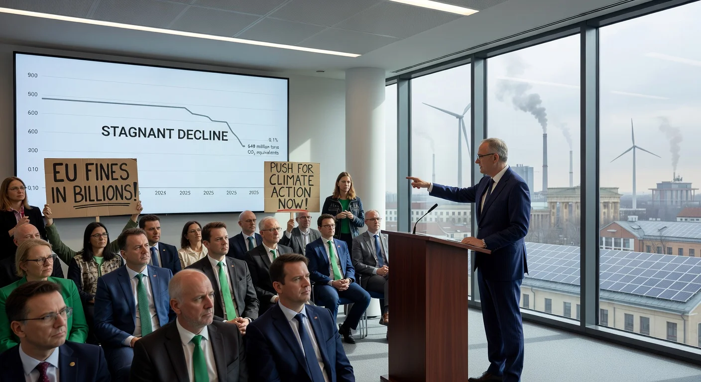 Illustration of Germany's minimal 2025 CO2 emissions decline, Minister Schneider presenting data amid opposition protests warning of EU fines.