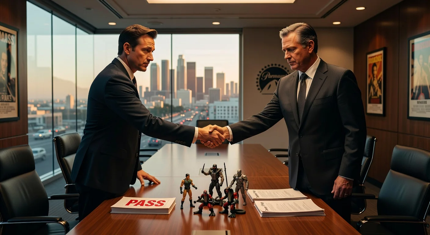 Illustration depicting Paramount's rejection of Max Landis' G.I. Joe pitch while considering alternatives like Danny McBride's idea.