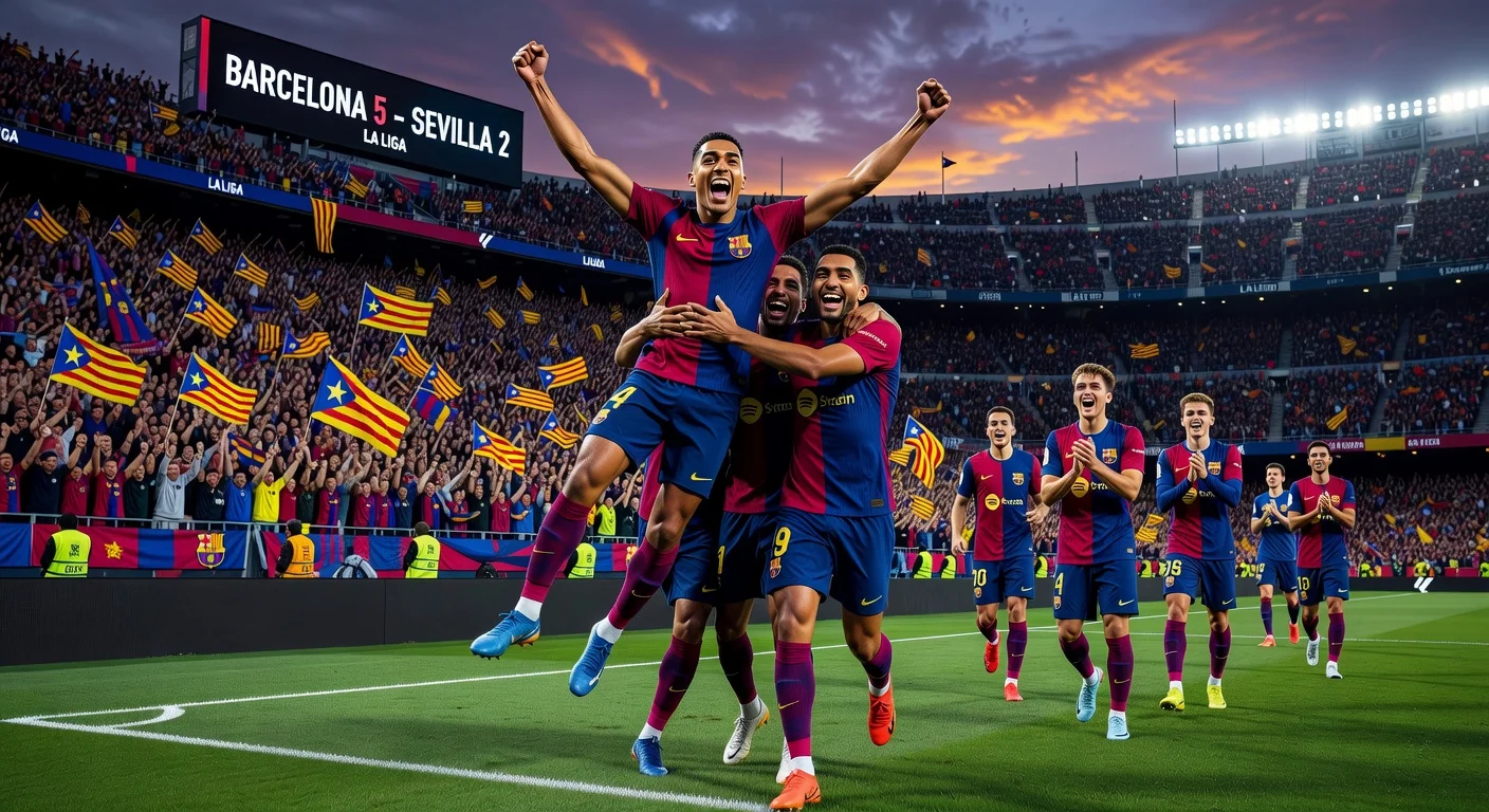 Raphinha celebrates hat-trick as Barcelona beats Sevilla 5-2 at Camp Nou, with teammates and cheering fans.