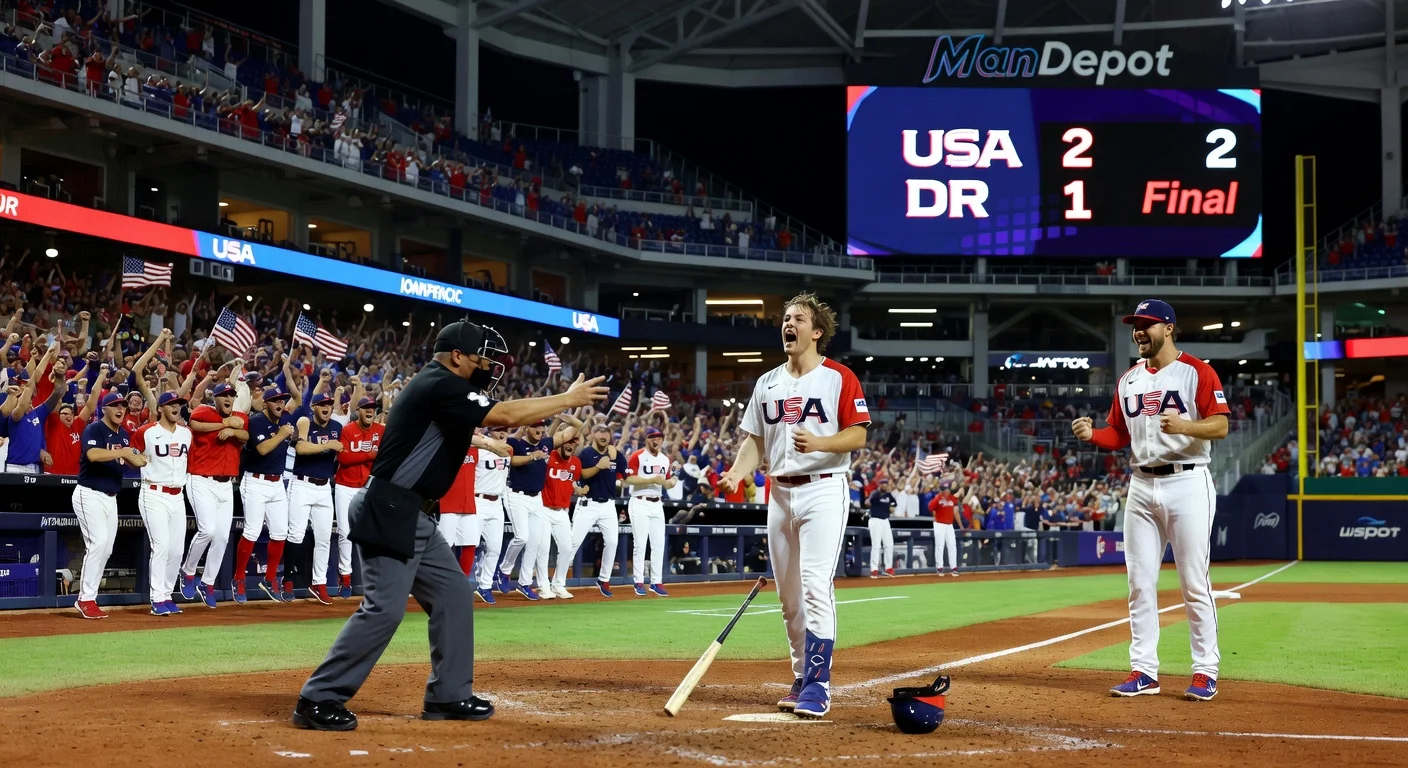 Team USA celebrates 2-1 semifinal victory over Dominican Republic on disputed final called strikeout at loanDepot Park.