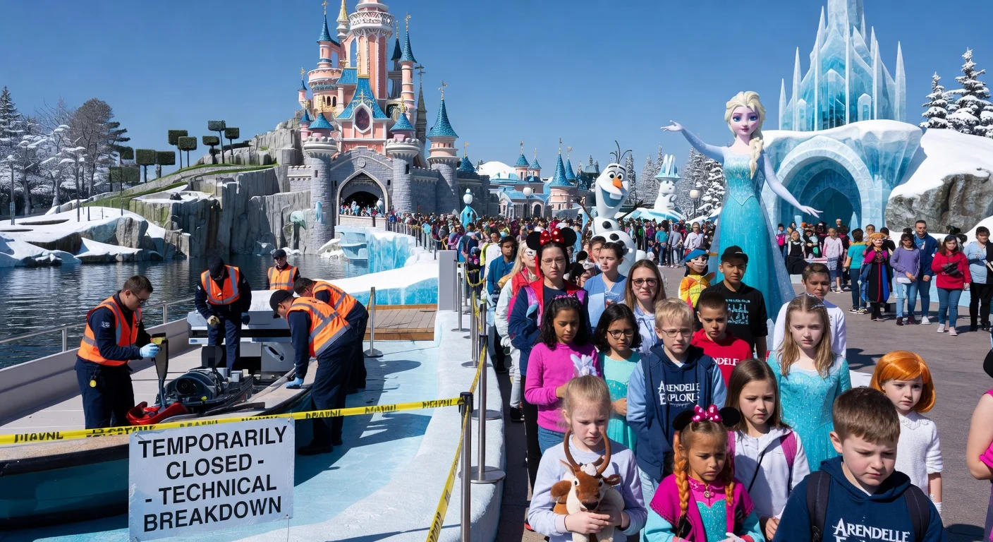 Crowded queues and Frozen Ever After ride breakdown during World of Frozen preview at Disneyland Paris.