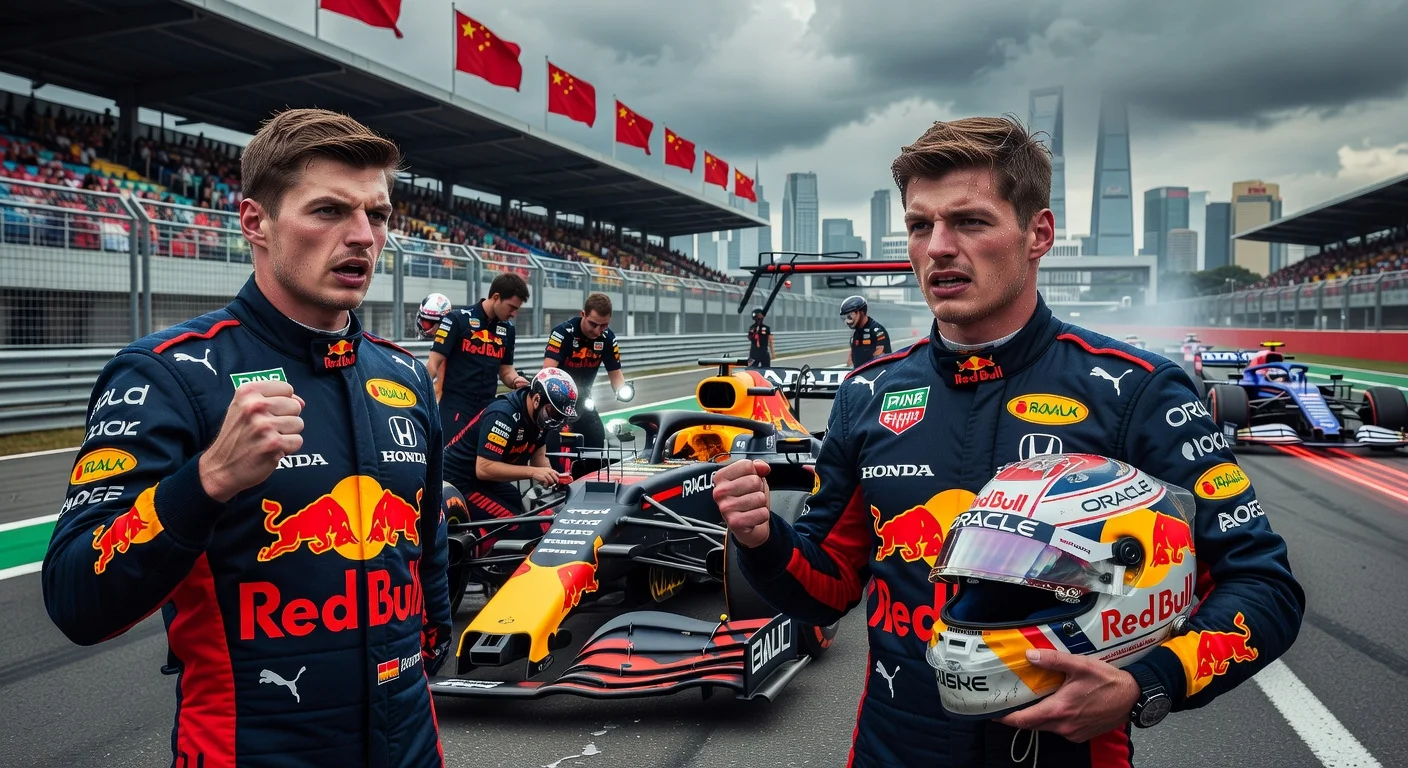 Frustrated Max Verstappen criticizes 2026 F1 rules after retiring from chaotic Chinese GP, Red Bull car in background.