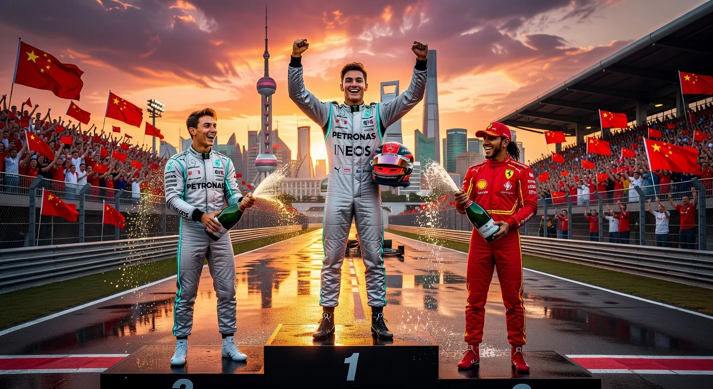 Kimi Antonelli sprays champagne on the podium after his first F1 win at the Chinese Grand Prix, with Lewis Hamilton alongside.
