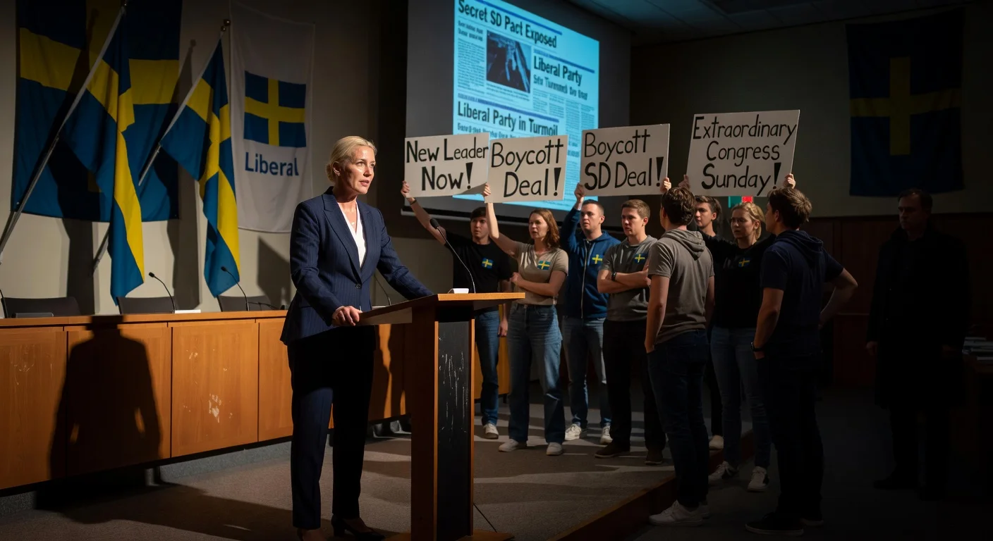 Dramatic illustration of Liberal Party leader Simona Mohamsson isolated amid youth wing revolt over Sweden Democrats cooperation deal.
