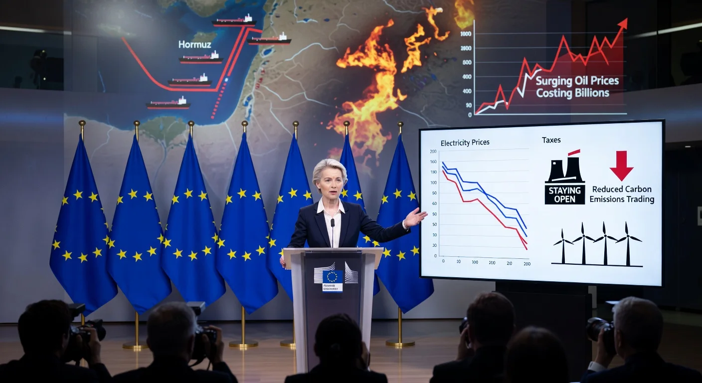 Ursula von der Leyen announces EU electricity tax cuts at Brussels press conference, screen shows falling prices and energy icons against Middle East crisis backdrop.
