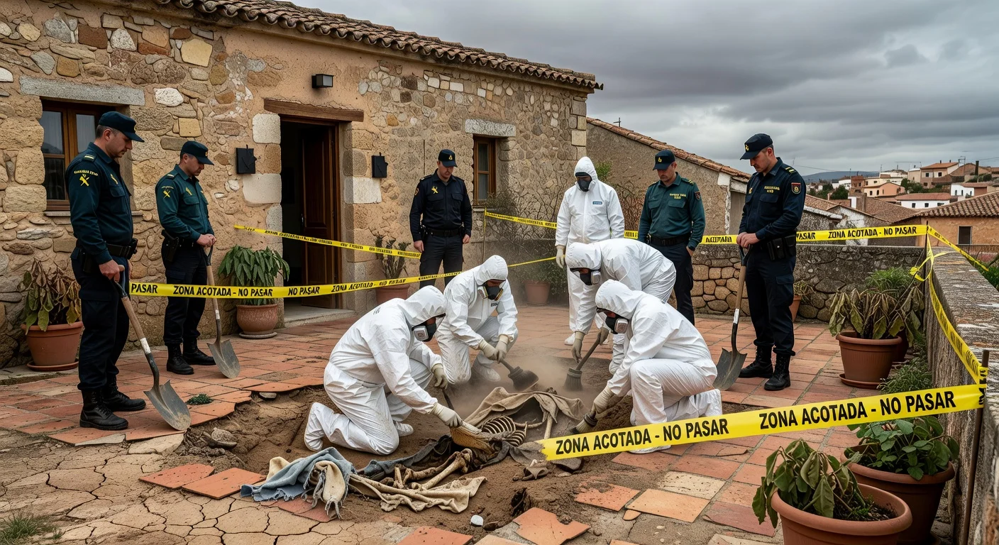 Police excavating skeletal remains from a patio in Hornachos, Spain, in the 2017 Francisca Cadenas murder case.