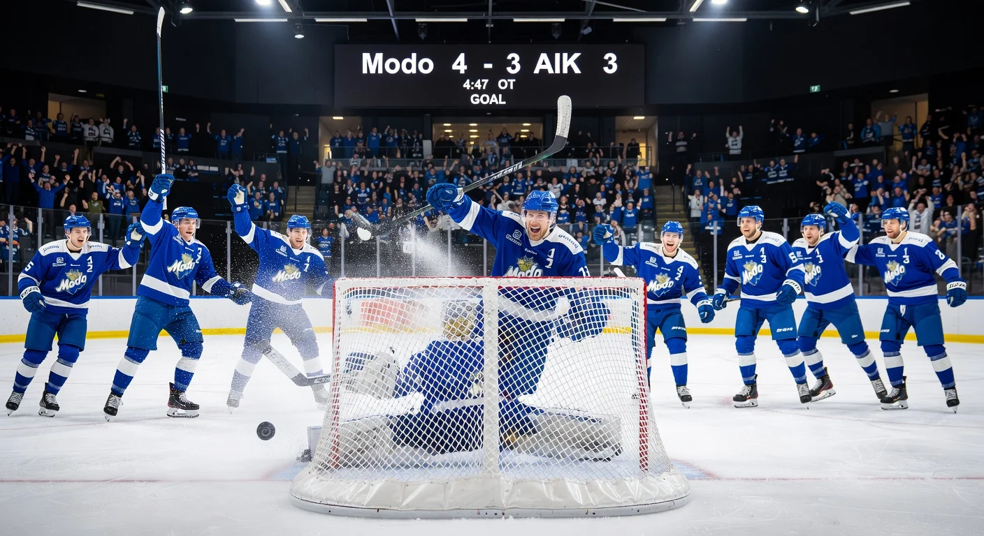 Emil Larsson scores the overtime winner for Modo Hockey against AIK in Hockeyallsvenskan quarterfinal, with celebrating teammates and cheering fans.