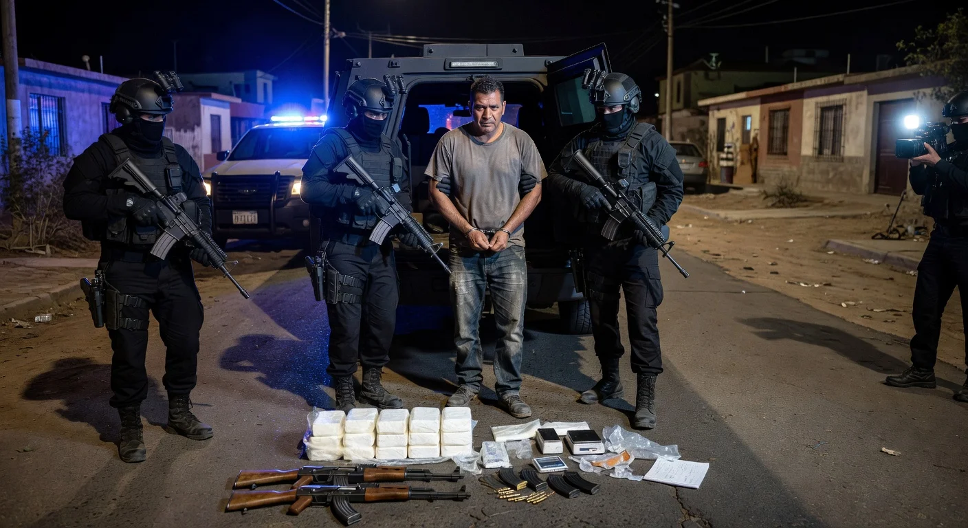 Illustration of the arrest of CJNG suspect 'El Pepe' by Mexican forces in Jalisco, showing tactical detention and seized drugs and weapons.