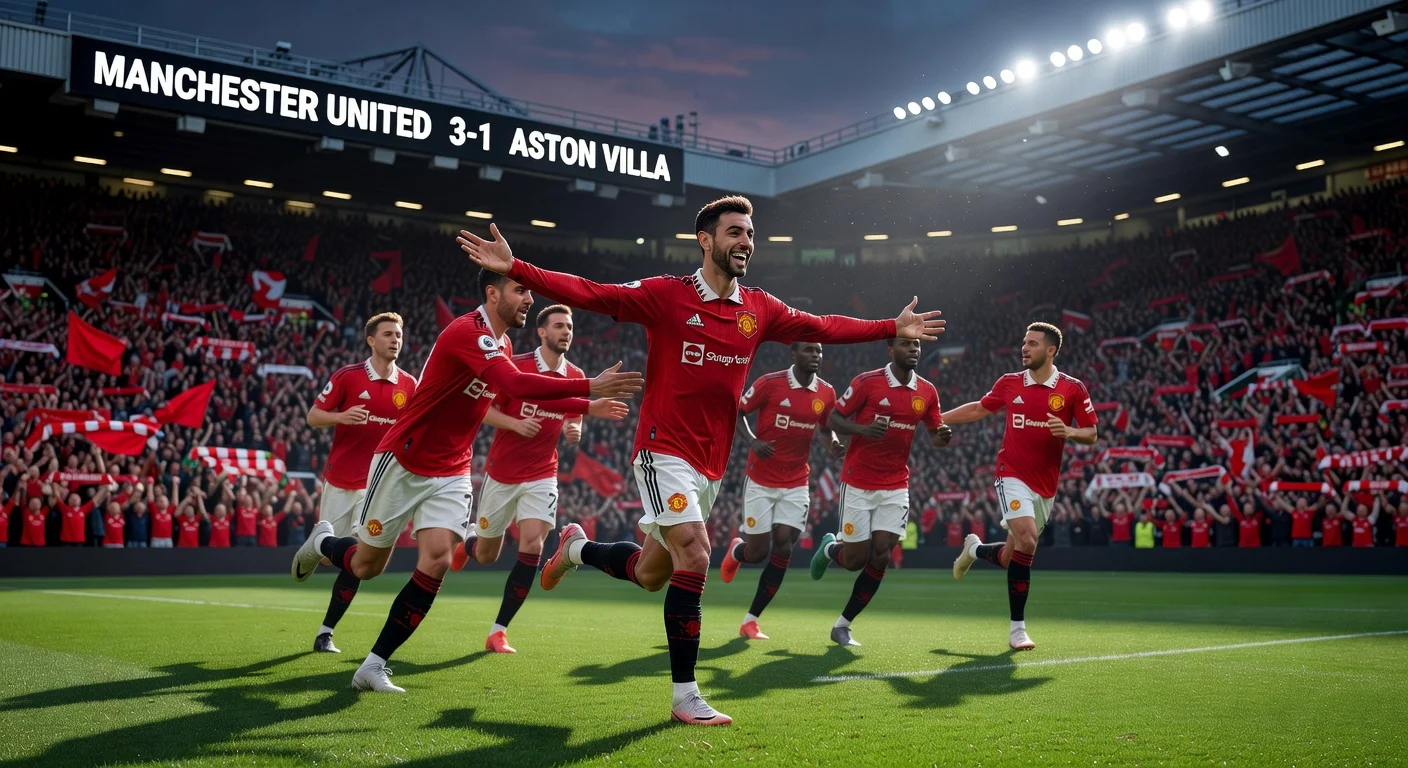 Bruno Fernandes celebrates Manchester United's 3-1 win over Aston Villa at Old Trafford, breaking Beckham's assist record.