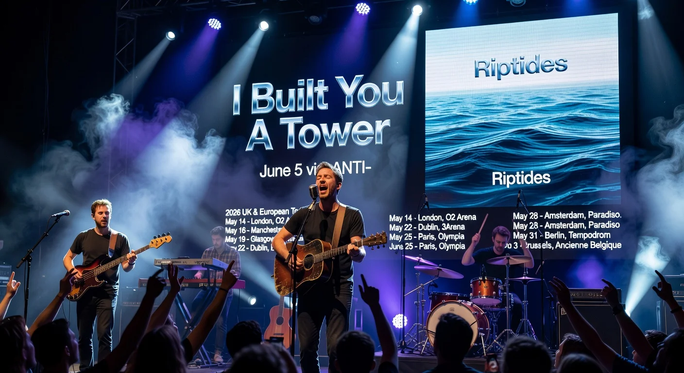 Death Cab for Cutie live on stage with new album 'I Built You A Tower' and 2026 tour announcement projected behind them.