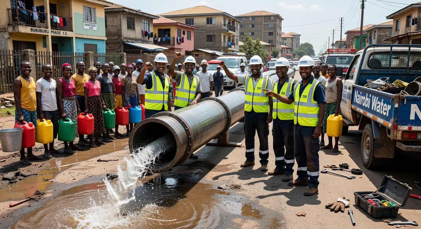 Nairobi Water technicians celebrate restored water supply to flood-hit estates after pipeline repairs.