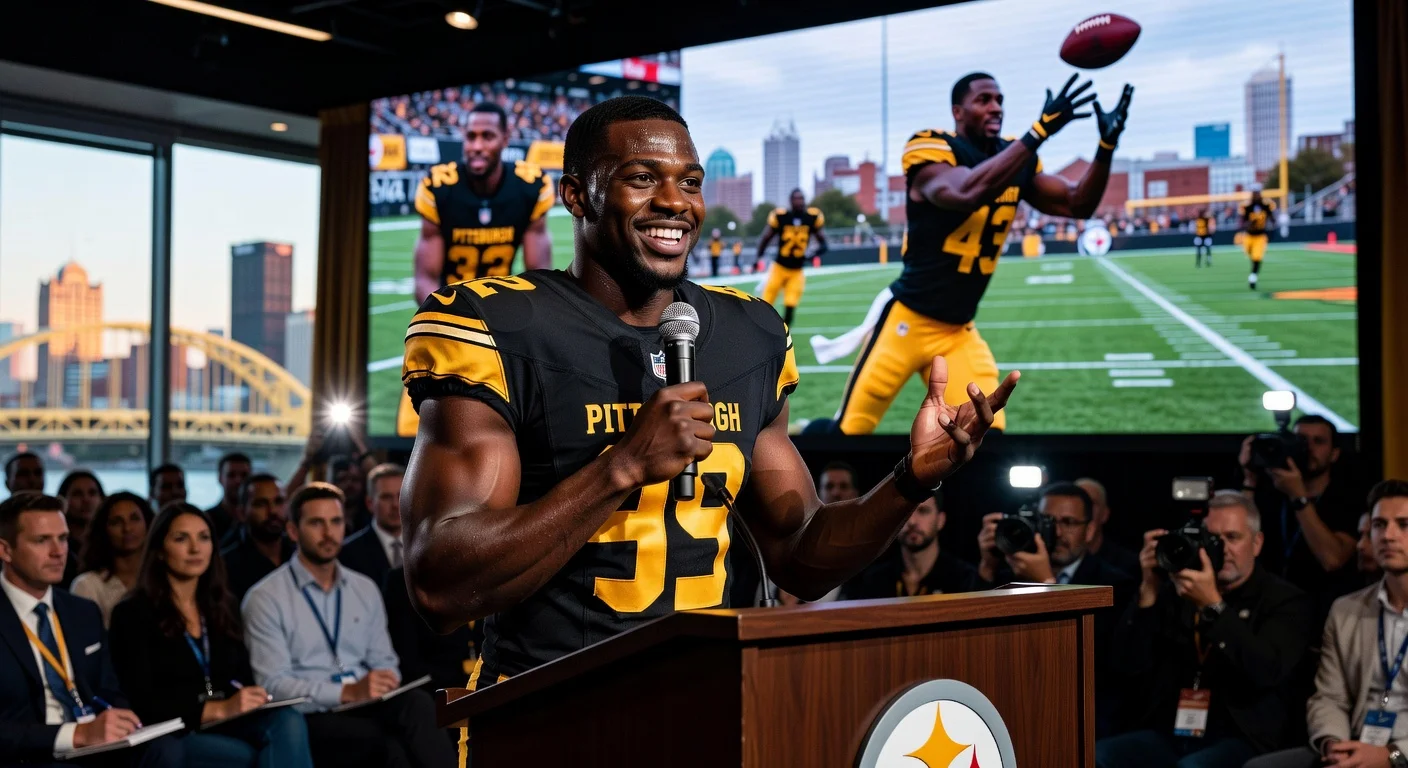 Jaquan Brisker beams at Steelers introductory press conference, celebrating his one-year homecoming signing.