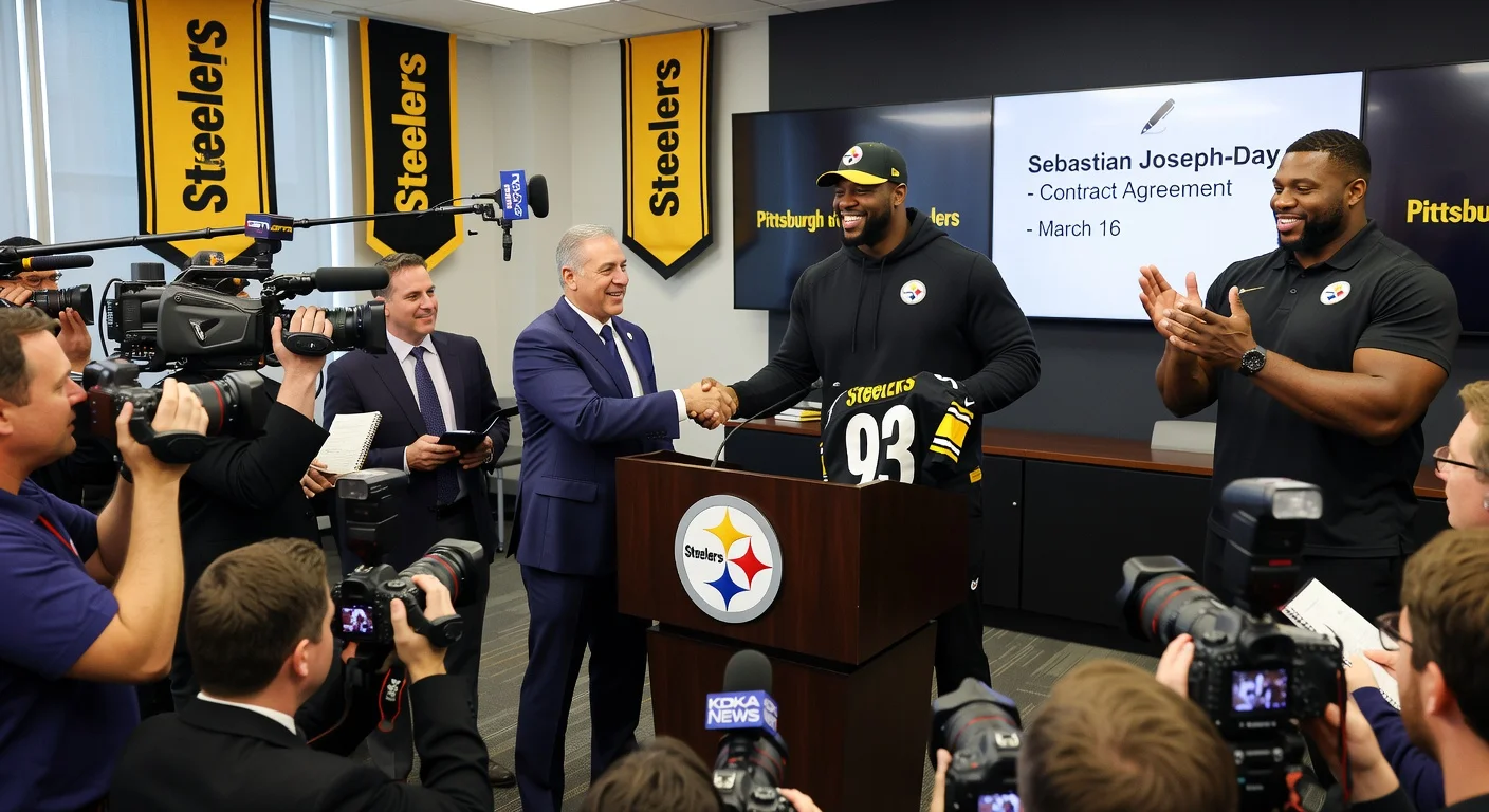 Sebastian Joseph-Day introduced by Pittsburgh Steelers at press conference after signing two-year, $11M contract.