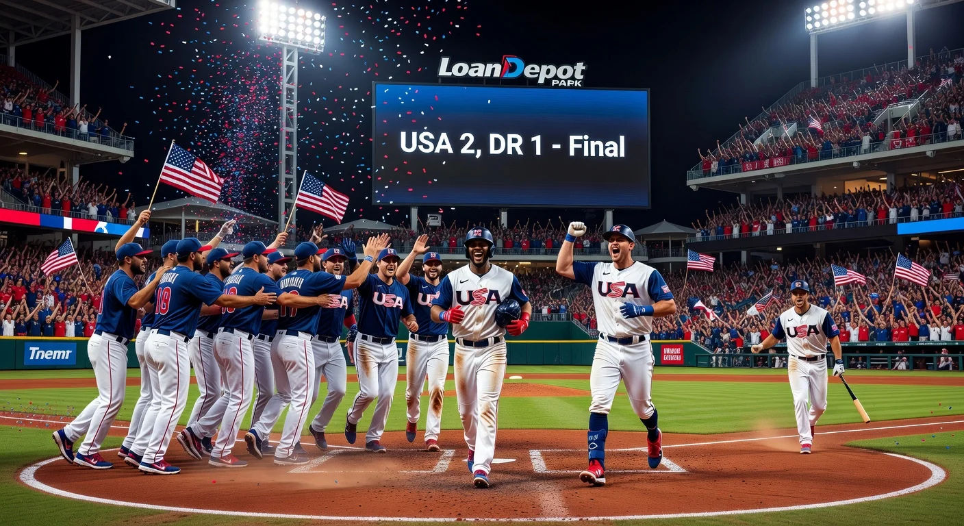 Team USA celebrates 2-1 WBC semifinal win over Dominican Republic, Roman Anthony crosses home plate after key home run.