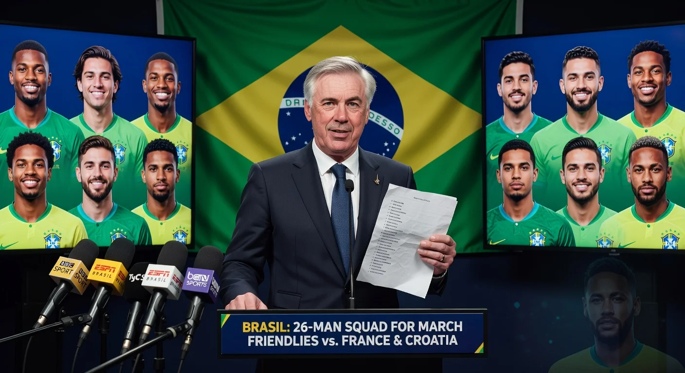 Carlo Ancelotti announces Brazil's 26-player squad with eight newcomers for friendlies, omitting Neymar.