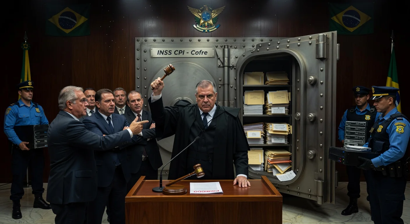 Dramatic illustration of a locked secure room in Brazilian Congress suspected of hidden camera intrusion after access suspension to confidential banker documents.