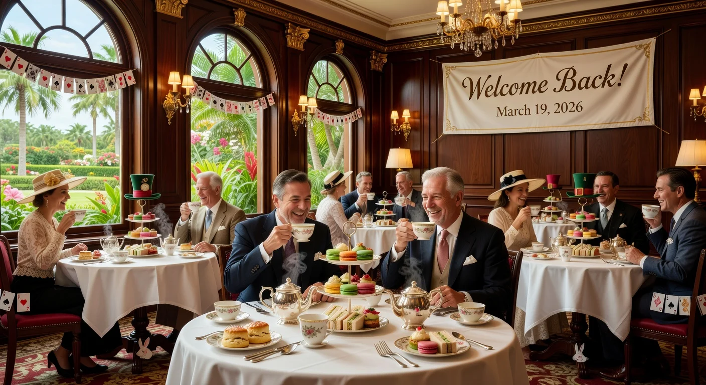 Photorealistic view of the reopened Garden View Tea Room at Disney's Grand Floridian, showcasing elegant afternoon tea service with Alice in Wonderland whimsy amid excited guests.