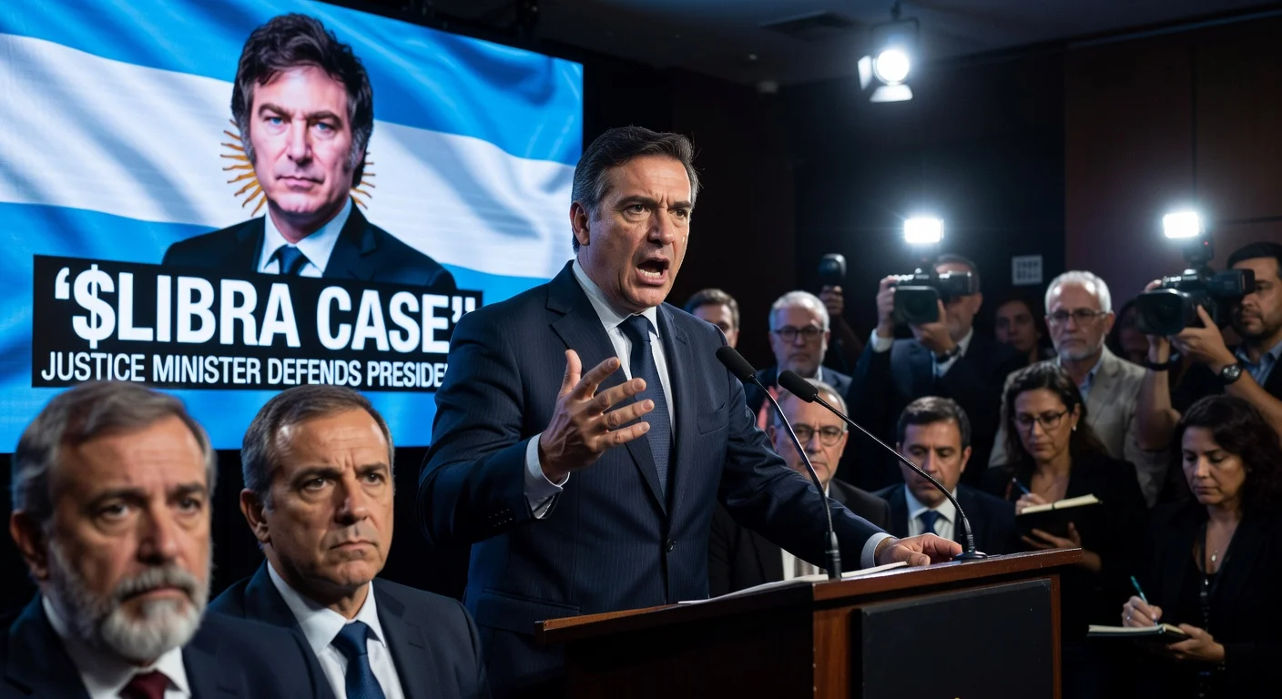 Justice Minister Juan Bautista Mahiques defends President Javier Milei at a press conference amid the $LIBRA case controversy.