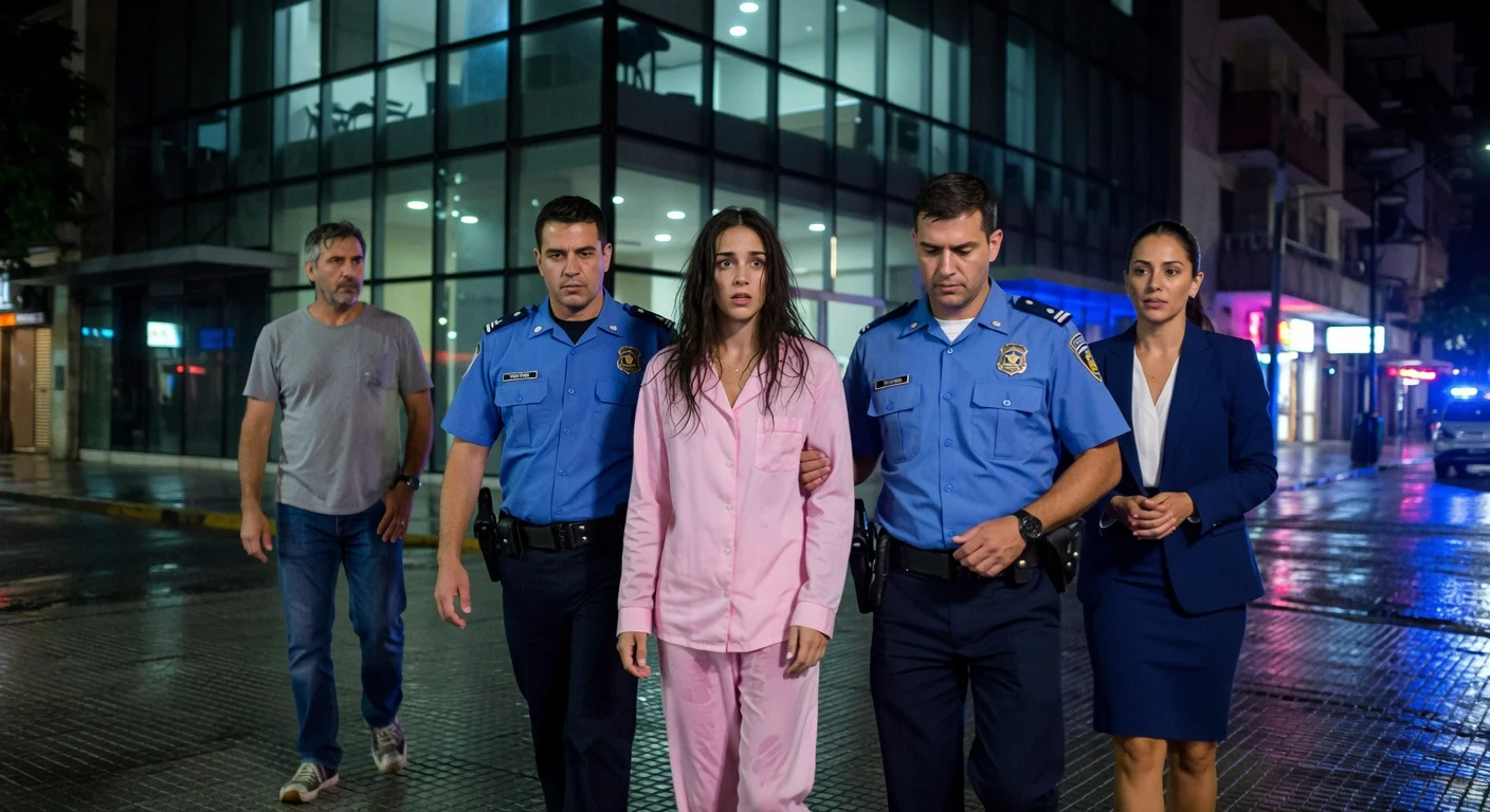 Security camera image of Luciana Martínez in pajamas detained by police outside Palermo hotel with her representative and a US tourist.