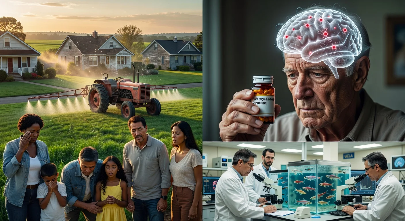 Realistic illustration of UCLA Health study linking residential chlorpyrifos exposure to heightened Parkinson's risk, featuring pesticide spraying near homes, Parkinson's symptoms, brain neuron damage, and lab research.