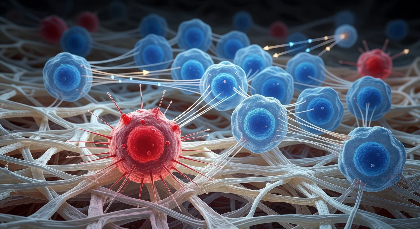 Realistic microscopic illustration of cancer and epithelial cells sensing distant tissue features via collagen matrix, highlighting research on extended cellular reach and metastasis.