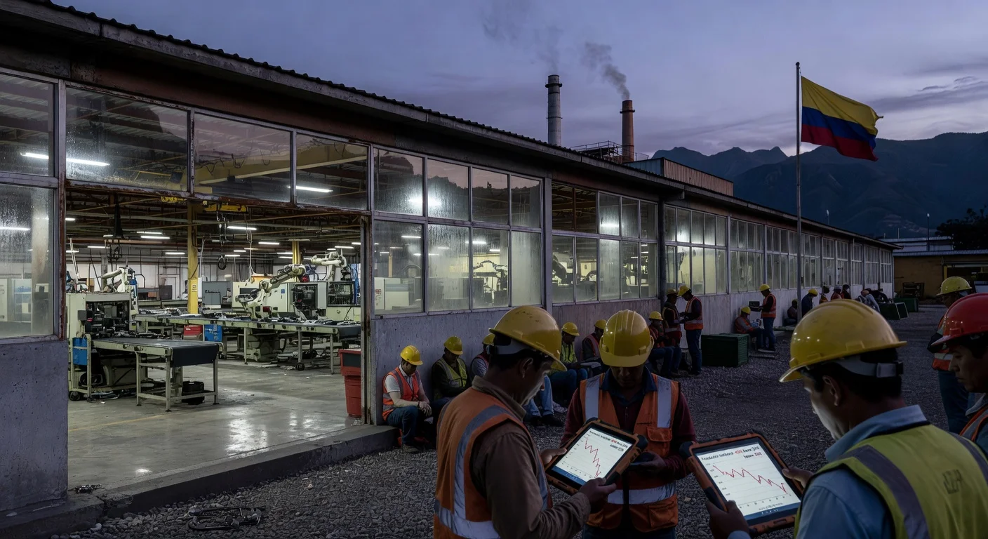 Illustration of a Colombian factory during industrial production decline in January 2026, with workers reviewing falling output charts.