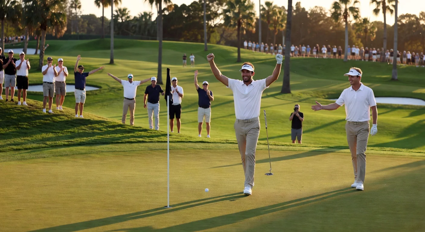 Cameron Young celebrates holing the winning putt to win the 2026 Players Championship at TPC Sawgrass, with Matt Fitzpatrick offering congratulations amid the crowd.