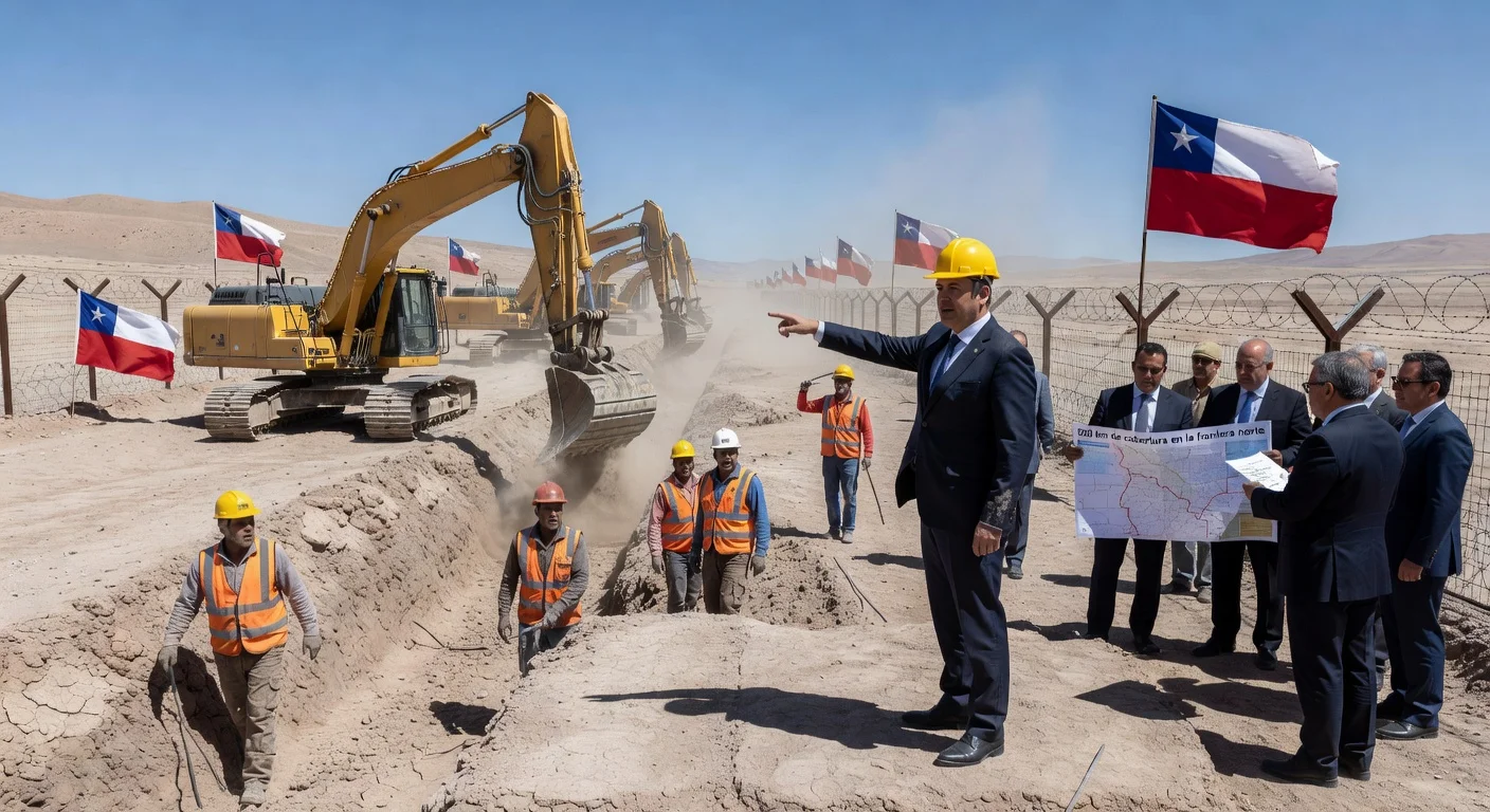 President José Antonio Kast oversees trench-digging launch of Escudo Fronterizo border security plan at Chacalluta, Arica.