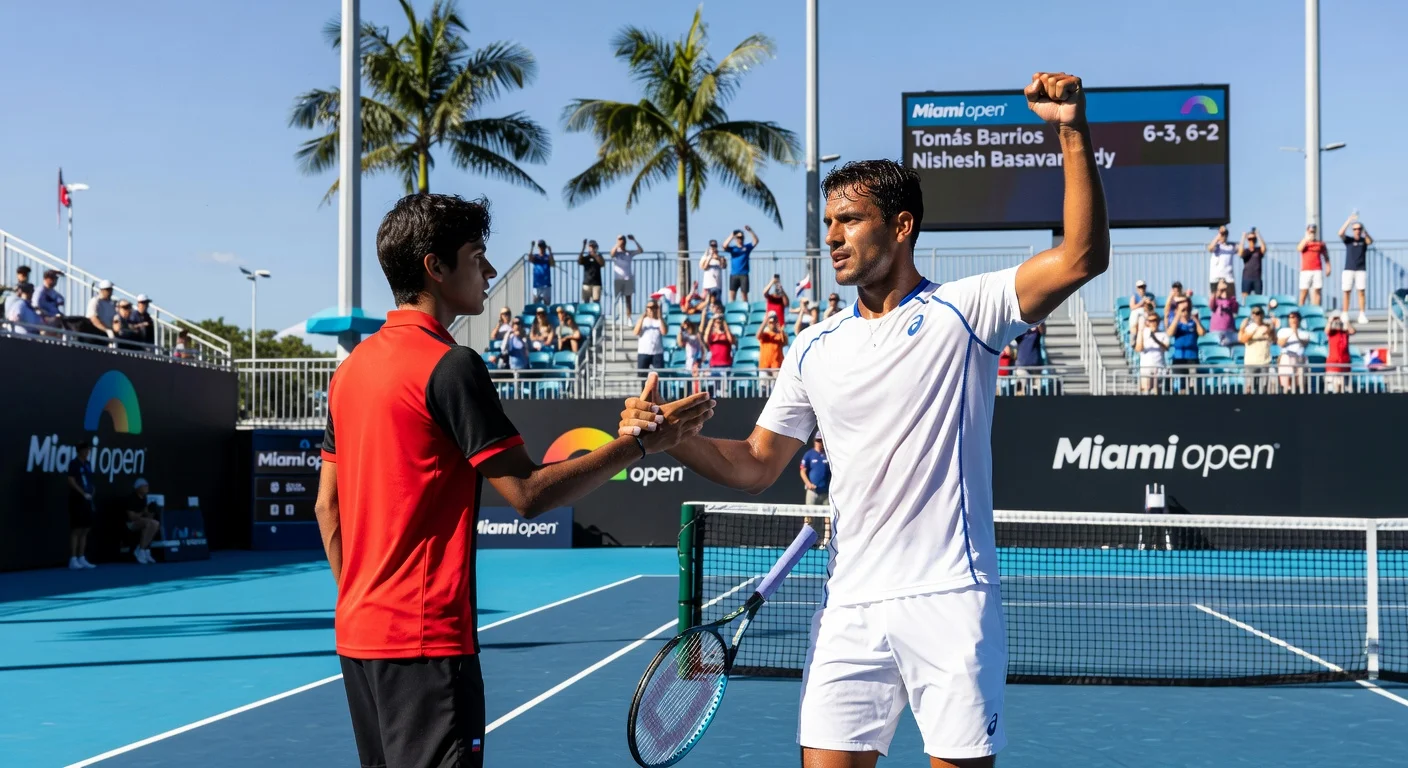 Tomás Barrios celebrates defeating Nishesh Basavareddy 6-3, 6-2 in Miami Masters 1000 qualifiers.