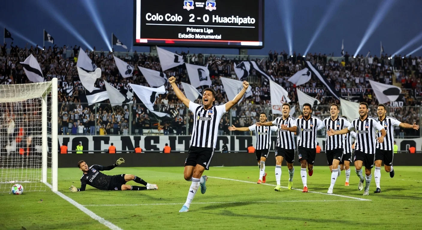 Colo Colo players celebrate 2-0 win over Huachipato at Estadio Monumental, regaining Primera Liga lead.